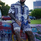 お買い得  メンズプリントシャツセット-男性用 ペーズリー トライバル グラフィック シャツセット シャツ シャツセット アロハシャツ 半袖 折襟 ファッション ストリートファッション デザイナー アウトドア ストリート カジュアル プリント 夏 春 ルビーレッド ブルー