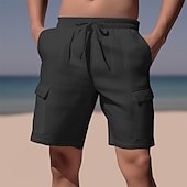 cheap Holiday-Men&#039;s Shorts Linen Shorts Summer Shorts Beach Shorts Drawstring Elastic Waist Multi Pocket Plain Comfort Breathable Short Casual Daily Holiday Fashion Classic Style Azure Black