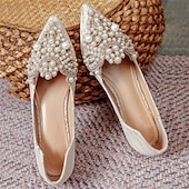 preiswerte Lässig-Hochzeitsschuhe für Braut, Brautjungfer, Damen, geschlossene Zehenpartie, spitze Zehenpartie, Aprikosenschwarze PU-Flats mit Imitationsperlenkristall, flacher Absatz, Hochzeit, Party, Valentinstag, eleganter Klassiker