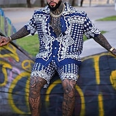 お買い得  メンズプリントシャツセット-男性用 ペーズリー トライバル グラフィック シャツセット シャツ シャツセット アロハシャツ 半袖 折襟 ファッション ストリートファッション デザイナー アウトドア ストリート カジュアル プリント 夏 春 ルビーレッド ブルー