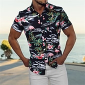 cheap Men&#039;s Casual Shirts-Men&#039;s Shirt Summer Shirt Casual Shirt Beach Shirt Summer Hawaiian Shirt Button Up Shirt Navy Blue Blue Green Short Sleeve Coconut Tree Flamingos Turndown Street Daily Print Clothing Apparel Polyester