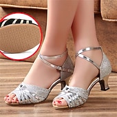 preiswerte Lateinamerikanische Schuhe-silberne Glitzer-Tanzschuhe für Damen mit überkreuzten Riemen und offener Zehenpartie – ideal für Gesellschafts- und lateinamerikanische Tänze