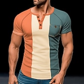 cheap Casual Henley Tee-Men&#039;s Button T Shirt T Shirt Henley Shirt Tee Top Short Sleeves Henley Summer Color Block Fashion Designer Basic Vacation Street Going out Pink Blue Orange Top Tee for Men