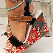 preiswerte Keilsandalen-Damen-Keilsandalen im Boho-Stil mit Blumenmuster – offenes Plateaudesign mit verstellbaren Riemen für lässige Sommeroutfits