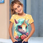 billiga Flickans 3D-tecknad film-Flickor 3D Grafisk Tecknat Enhörnings T-shirt Kortärmad 3D-tryck Sommar Vår Aktiv Mode söt stil Polyester Barn 3-12 år Utomhus Ledigt Dagligen Normal