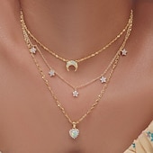1PC Chain Necklace Layered Necklace For Women's Clear Wedding Party Evening Gift Alloy Moon Heart Star 8