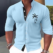 billiga Tropiska växter-Herr Färgblock Kokosnötsträd Löv Skjorta Hawaii skjorta Aloha skjorta Långärmad Skjorta Hög krage Mode Streetwear Designer Utomhus Gata Ledigt Vit Gul Ljusgrön S M L