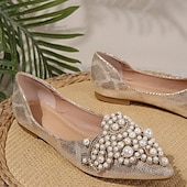 preiswerte Lässig-Hochzeitsschuhe für Braut, Brautjungfer, Damen, geschlossene Zehenpartie, spitze Zehenpartie, Aprikosenschwarze PU-Flats mit Imitationsperlenkristall, flacher Absatz, Hochzeit, Party, Valentinstag, eleganter Klassiker