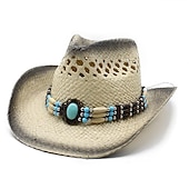 baratos Velho Oeste-Elegante chapéu de palha de vaqueiro ocidental com decoração de corrente de jade falsa tecida à mão – perfeito para passeios de verão na praia!