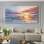cheap Landscape Paintings-Pure Hand painted Sunset Sea Sky Ocean Beach Landscape Colorful Abstract Wall Art Extra Large Panoramic Oil Painting On Canvas