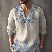 ieftine Model etnic-Bărbați Floral Cămașă Camașă cu nasturi Manșon Lung Modă Șic Stradă Designer În aer liber Zilnic Vară Primăvară Toamnă Guler de stand Imprimeu Albastru piscină Kaki Gri