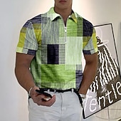 economico Polo color block da uomo-Per uomo Plaid Polo con zip Maglia da golf Manica Corta Magliette polo Camicie con Colletto Vintage Casual Abbigliamento da vacanza Abbigliamento Formale Abbigliamento da festa Stampa 3D Polo con