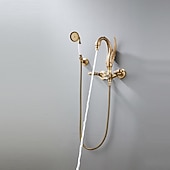 halpa Ulkotilojen suihkutarvikkeet-vintage messinginen suihkuhanasetti käsisuihkulla, perinteinen kylpyammeen juoksuputki kaksikahvainen kylpyamme hana seinään kiinnitettävä