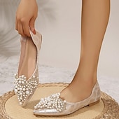 preiswerte Lässig-Hochzeitsschuhe für Braut, Brautjungfer, Damen, geschlossene Zehenpartie, spitze Zehenpartie, Aprikosenschwarze PU-Flats mit Imitationsperlenkristall, flacher Absatz, Hochzeit, Party, Valentinstag, eleganter Klassiker