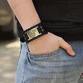 preiswerte Zubehör und mehr-Breites Wikinger-Armband, antikes Silber, Wolfskopf-Muster, Armreif, PU-Manschette, Retro-Vintage-Mittelalter, für Männer und Frauen