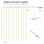 abordables Proyector de la lámpara  y proyector láser-Cortina de luces de hadas, cadena de luces, 8 modos con control remoto, luces decorativas para fiestas de Navidad, bodas, alimentadas por USB