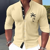 billiga Tropiska växter-Herr Färgblock Kokosnötsträd Löv Skjorta Hawaii skjorta Aloha skjorta Långärmad Skjorta Hög krage Mode Streetwear Designer Utomhus Gata Ledigt Vit Gul Ljusgrön S M L