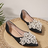 preiswerte Lässig-Hochzeitsschuhe für Braut, Brautjungfer, Damen, geschlossene Zehenpartie, spitze Zehenpartie, Aprikosenschwarze PU-Flats mit Imitationsperlenkristall, flacher Absatz, Hochzeit, Party, Valentinstag, eleganter Klassiker