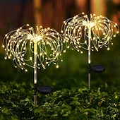 abordables Luces de camino y linternas-Luces solares de fuegos artificiales: luces de hadas para jardín y caminos al aire libre de 120 LED, 2 modos de iluminación para patios y caminos de entrada