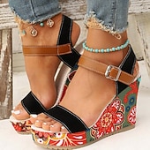 preiswerte Keilsandalen-Damen-Keilsandalen im Boho-Stil mit Blumenmuster – offenes Plateaudesign mit verstellbaren Riemen für lässige Sommeroutfits
