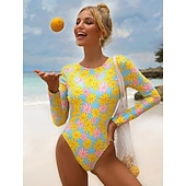 economico Rash Guards Interi-Per donna Costume da bagno Traforato Body Costume da bagno Floreale Costumi da bagno Arancione Protezione solare UV Traspirante Asciugatura rapida Manica lunga - Nuoto Surf Spiaggia Autunno Primavera