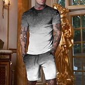 billige T-skjorter med trykk for menn-Herre Grafisk Gradert 2stk T-skjorter sett Shorts og T-skjorte sett T-skjorte antrekk T-skjorte i dobbel farge Kortermet Crew-hals Designer Fritid Bekvem utendørs Feriereise Daglig 3D-utskrift 2 deler