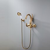 halpa Ulkotilojen suihkutarvikkeet-vintage messinginen suihkuhanasetti käsisuihkulla, perinteinen kylpyammeen juoksuputki kaksikahvainen kylpyamme hana seinään kiinnitettävä