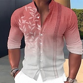 billiga Tropiska växter-Herr Färgblock Kokosnötsträd Löv Skjorta Hawaii skjorta Aloha skjorta Långärmad Skjorta Hög krage Mode Streetwear Designer Utomhus Gata Ledigt Vit Gul Ljusgrön S M L