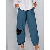 tanie Spodnie z bawełny i lnu w stylu graficznym-Damskie Spodnie lniane bawełniane Typu Chino Szorty Capri Moda miejska Prosty Codzienny Do kostek Średni Talia Kot Workowaty Nadruk Oddychający Miękka Na zewnątrz Średnio elastyczny Na zewnątrz Urlop