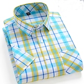 Men's Dress Shirt Stripes and Plaid Office & Career Office Party Light Blue Black Dark Red Yellow Short Sleeve Turndown Spring & Summer Clothing Apparel 22