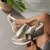 tanie Sandały wakacyjne-damskie sandały na koturnie w kolorze srebrnym metalicznym z odkrytymi palcami i paskiem ze sprzączką - stylowe i wygodne na letnie wyjścia