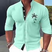 billiga Tropiska växter-Herr Färgblock Kokosnötsträd Löv Skjorta Hawaii skjorta Aloha skjorta Långärmad Skjorta Hög krage Mode Streetwear Designer Utomhus Gata Ledigt Vit Gul Ljusgrön S M L