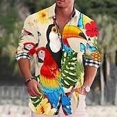 voordelige Vogels &amp; Dieren-Voor heren Geometrie Papegaai Overhemd Hawaiiaans overhemd Aloha-shirt Lange mouw Overhemd Opstaand Modieus Streetwear Ontwerper Buiten Straat Casual Blauw-Groen Zwart Geel S M L
