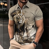 cheap Men&#039;s Animal Print Polo-Men&#039;s Lion Zip Polo Shirts Golf Shirt Short Sleeve Polo Shirts Collared Shirts Casual Funny Streetwear Vacation Wear Party Outfits 3D Print Quarter Zip Polo Black White Yellow