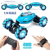 お買い得  rc車-最新の 4WD 1:14 スケールリモートコントロールスタントカー 2.4 グラムワイヤレス rc ドリフトカー LED ライト時計ジェスチャーセンサー回転子供のおもちゃのギフト
