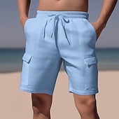 cheap Holiday-Men&#039;s Shorts Linen Shorts Summer Shorts Beach Shorts Drawstring Elastic Waist Multi Pocket Plain Comfort Breathable Short Casual Daily Holiday Fashion Classic Style Azure Black