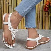 cheap Vacation Sandals-Women&#039;s Floral Embellished T-Strap Sandals with Cushioned Sole – Perfect for Casual Summer Outings