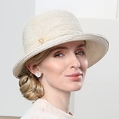 baratos Chapéu de Festa-chapéus fibra coco/cloche chapéu balde chapéu palha chapéu casual feriado clássico proteção solar com miçangas tule headpiece headwear