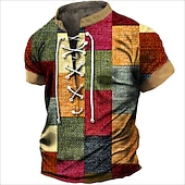 Men's T Shirt Graphic Color Block Plaid / Check Stand Collar Clothing Apparel 3D Print Daily Sports Going out Short Sleeve Lace up Print Polyester Vintage Fashion Designer4