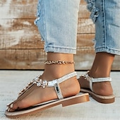 cheap Casual-Women&#039;s Crystal-Embellished T-Strap Sandals – Elegant Rhinestone Flat Sandals for Weddings, Beach, or Special Occasions