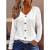 economico Top in Pizzo-Top in pizzo bianco elegante da donna con ricami blusa elegante top alla moda con bottoni di base a maniche lunghe top regolari colletto a V casual top romantici petite per le vacanze abbigliamento