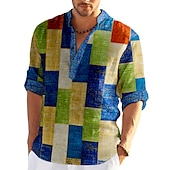 abordables Diseño Geométrico-Hombre Ajedrez Retazos Diseño Geométrico Camisa Abotonar la camisa Manga Larga Moda Ropa de calle Design Casual Noche Verano Primavera Otoño Escote Chino Estampado Caqui+Caqui Negro Blanco Amarillo