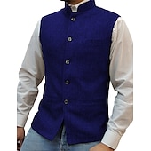 preiswerte Men&#039;s Vest-Herren Weste Nehru-Jacke Urlaub Alltagskleidung Ausgehen Mode Basic Frühling &amp; Herbst Knöpfe Polyester Bequem Einfach Einreihig Stehkragen Normale Passform Silber Wein Schwarz Blau Weste