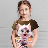tanie 3D zwierzęta dziewczynki-dziewczęca koszulka z nadrukiem 3d z motywem zwierzęcym i kotem, krótki rękaw, nadruk 3d, letnia, wiosenna, aktywna, modna, śliczna, poliester, dziecięca, 4-12 lat, na zewnątrz, swobodna, codzienna, regularna