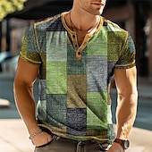 preiswerte Geometrisch-Herren Graphic Farbblock Henley Shirt Kurzarm 3D-Druck Modisch Designer Komfortabel Outdoor Täglich Sommer Gelb Grün Grau Henley Henley T-Shirt