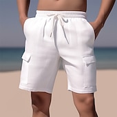 cheap Holiday-Men&#039;s Shorts Linen Shorts Summer Shorts Beach Shorts Drawstring Elastic Waist Multi Pocket Plain Comfort Breathable Short Casual Daily Holiday Fashion Classic Style Azure Black