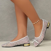 billige Flate sko til kvinner-Dame Flate sko Store størrelser Sparkly Sandaler Komfort Sko utendørs Daglig Helfarge Sommer Sløyfe Blonder Tykk hæl Spisstå Elegant Fritid PU Tøfler Sølv Gull