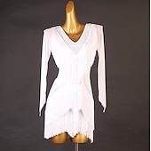 preiswerte Kleidung für lateinamerikanische Tänze-Tanz-Salsa-Latin-Tanzkleid mit Fransen, Quasten, Kristallen/Strasssteinen, Damen, Performance-Training, lange Ärmel, Chinlon