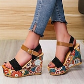 preiswerte Keilsandalen-Damen-Keilsandalen im Boho-Stil mit Blumenmuster – offenes Plateaudesign mit verstellbaren Riemen für lässige Sommeroutfits