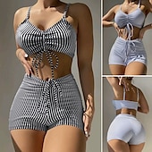 cheap Vintage Swimwear-2 pcs Swimwear Bikini Swimsuits Y2K Women&#039;s Striped Polyester Black Blue Bra Briefs